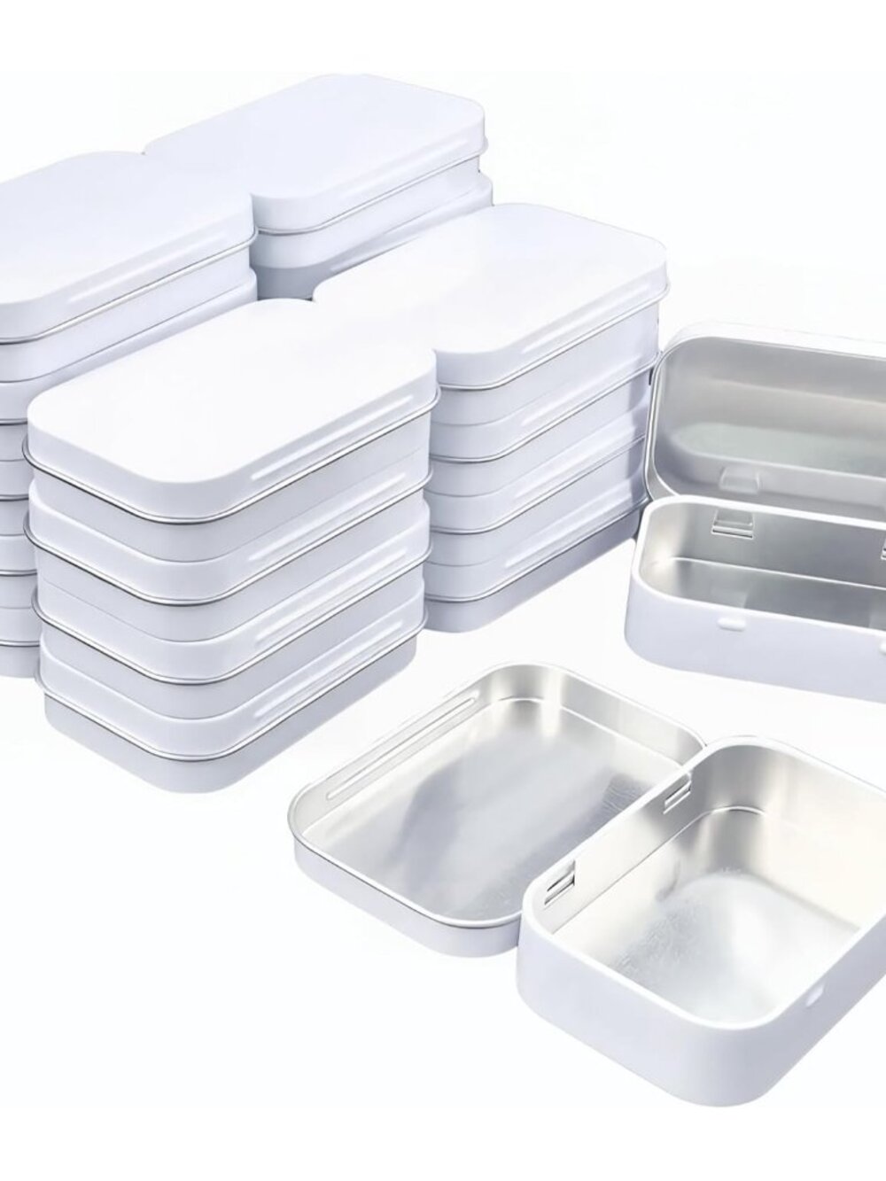 Rectangular Metal Hinged Tins Containers, White, 20 Pieces